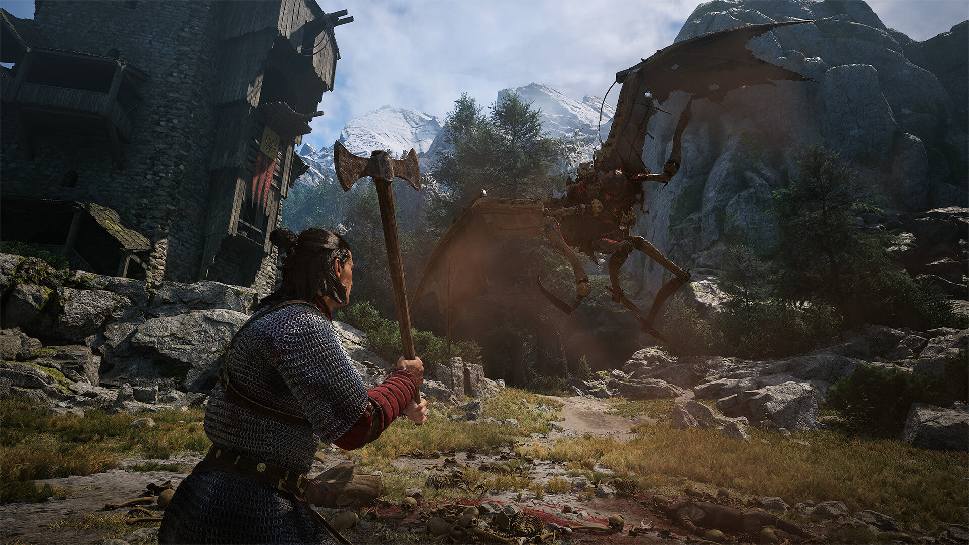 The Blood of Dawnwalker creature encounter with an armed fighter facing a winged monster in a mountain settlement