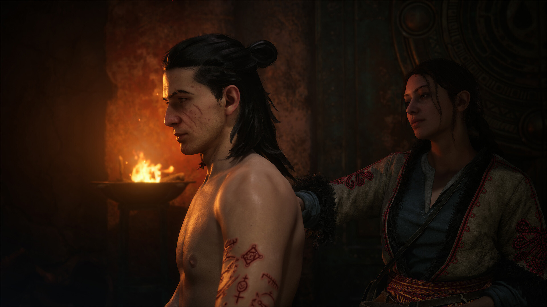 The Blood of Dawnwalker story scene showing Coen beside an ally in firelight