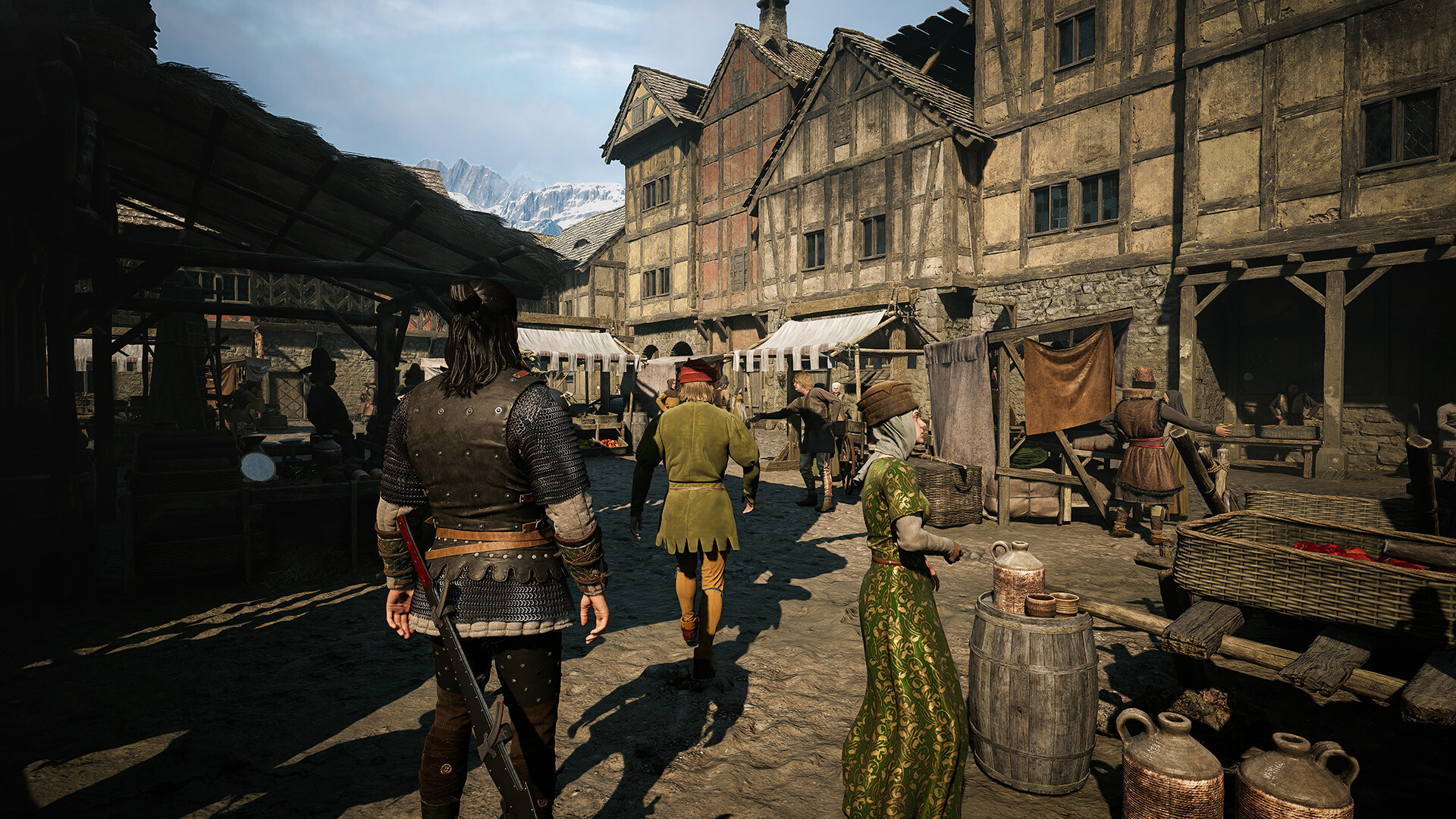 The Blood of Dawnwalker town exploration with Coen walking through a crowded medieval market