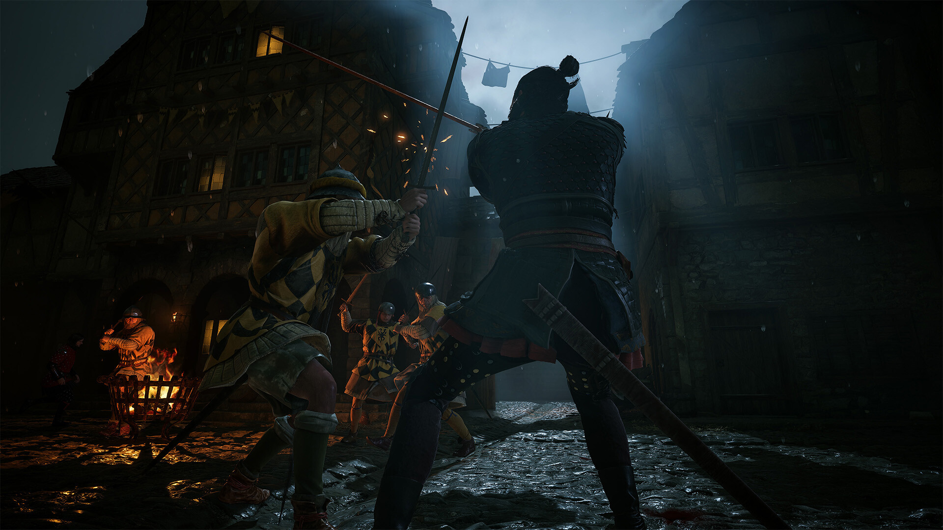 The Blood of Dawnwalker sword combat in a rain-darkened medieval street