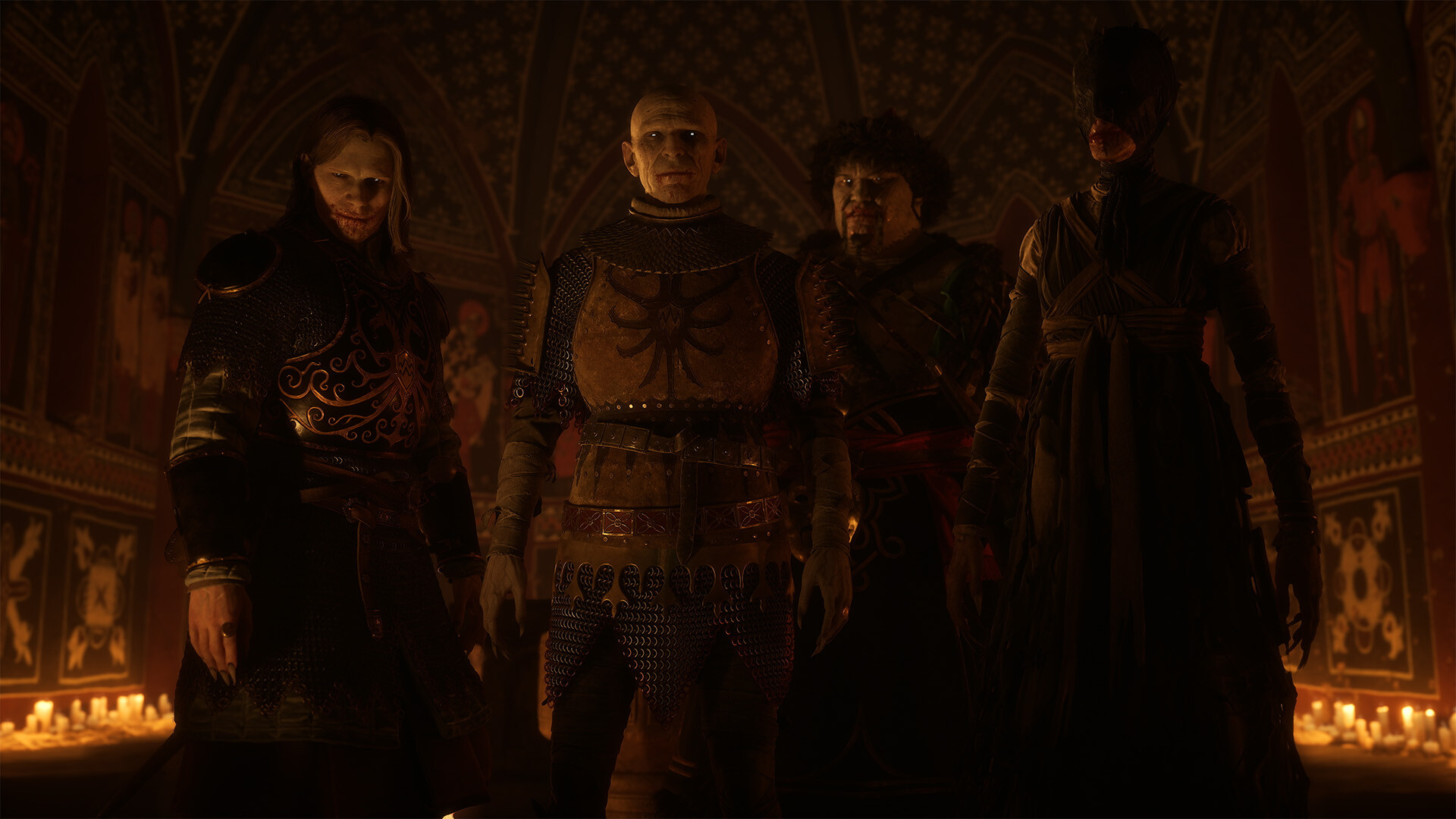 The Blood of Dawnwalker nighttime scene showing four supernatural figures in a candlelit hall