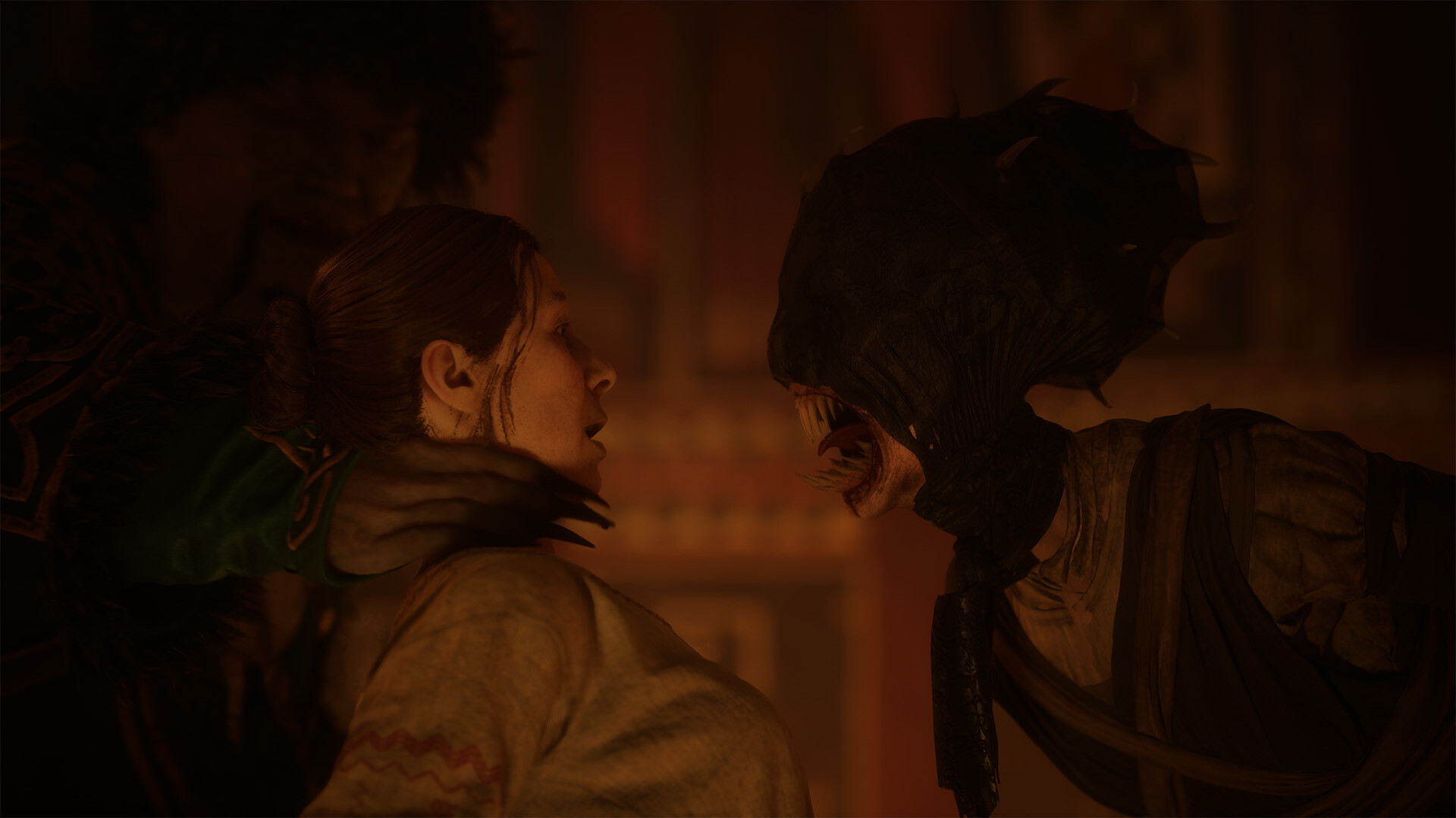 The Blood of Dawnwalker shows a village woman frozen as a fanged monster looms over her in a red-lit room