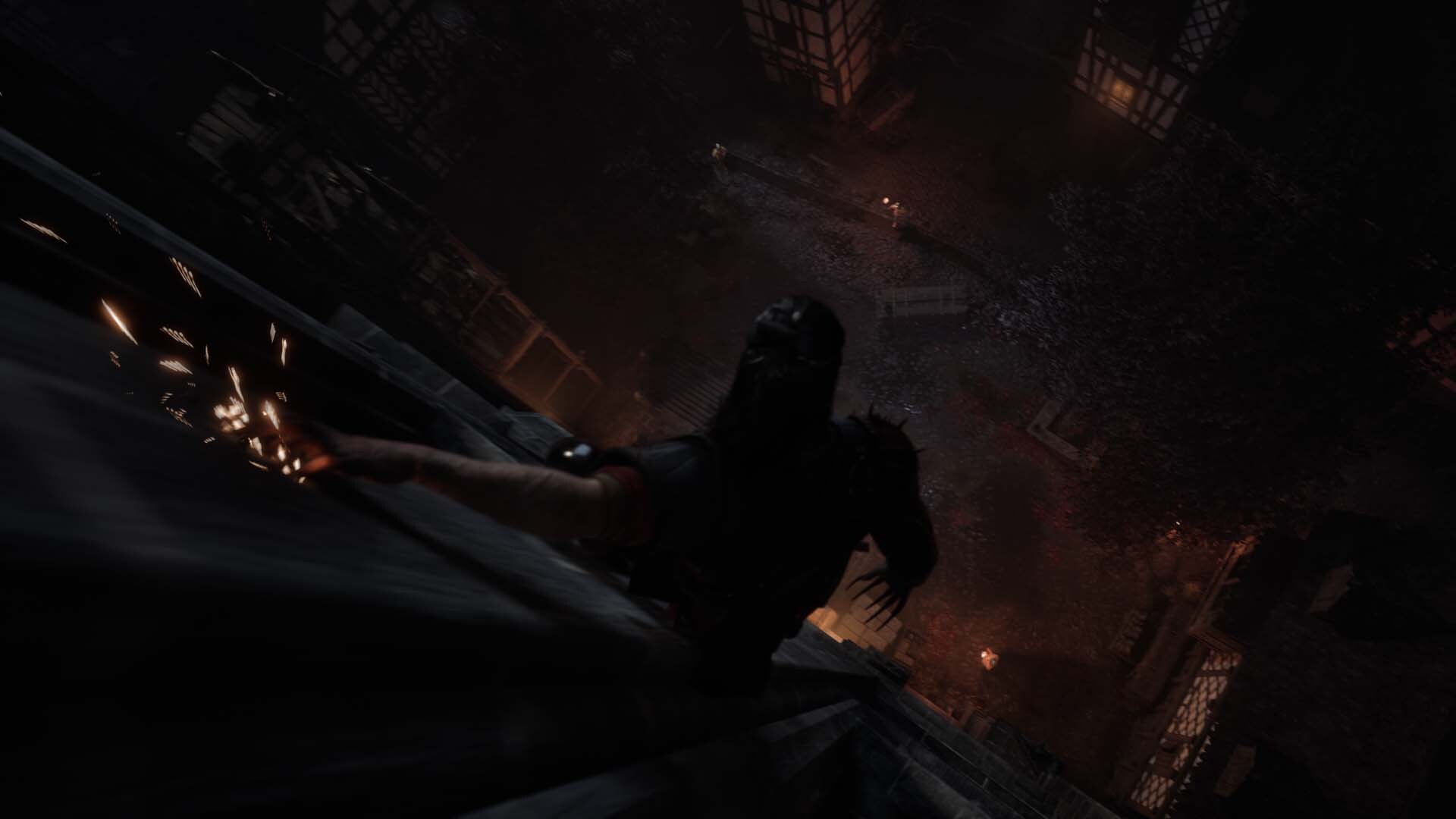The Blood of Dawnwalker nighttime traversal with Coen climbing above a shadowed courtyard